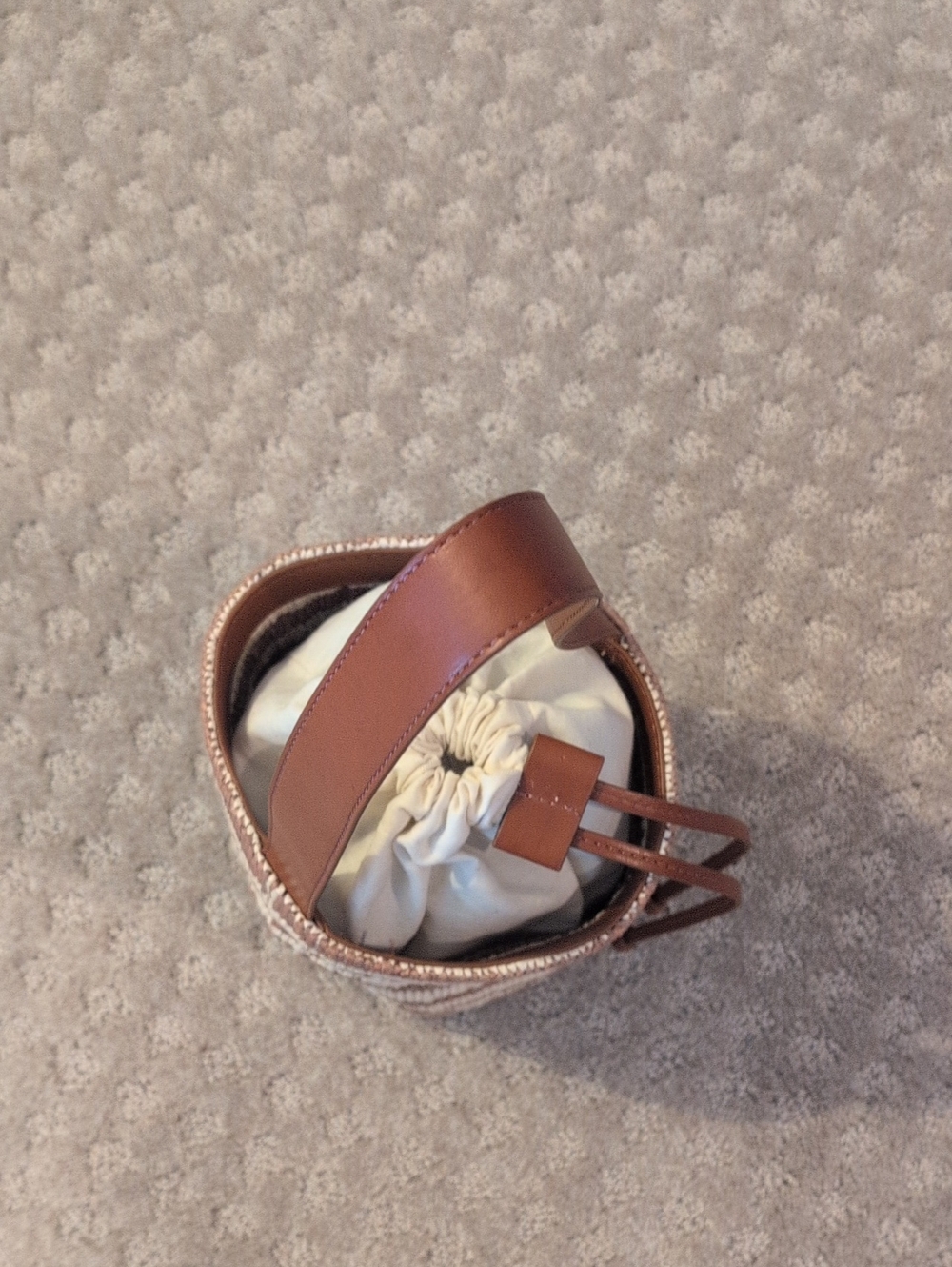 Ann Taylor Raffia, Leather Striped Bucket Bag drawstring Closure - Picture 3 of 12